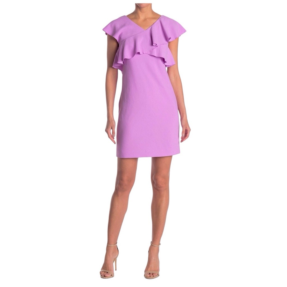 Trina Turk V Neck Flounce Ruffle Dress Purple Cap Sleeve Crepe Size Zero 0